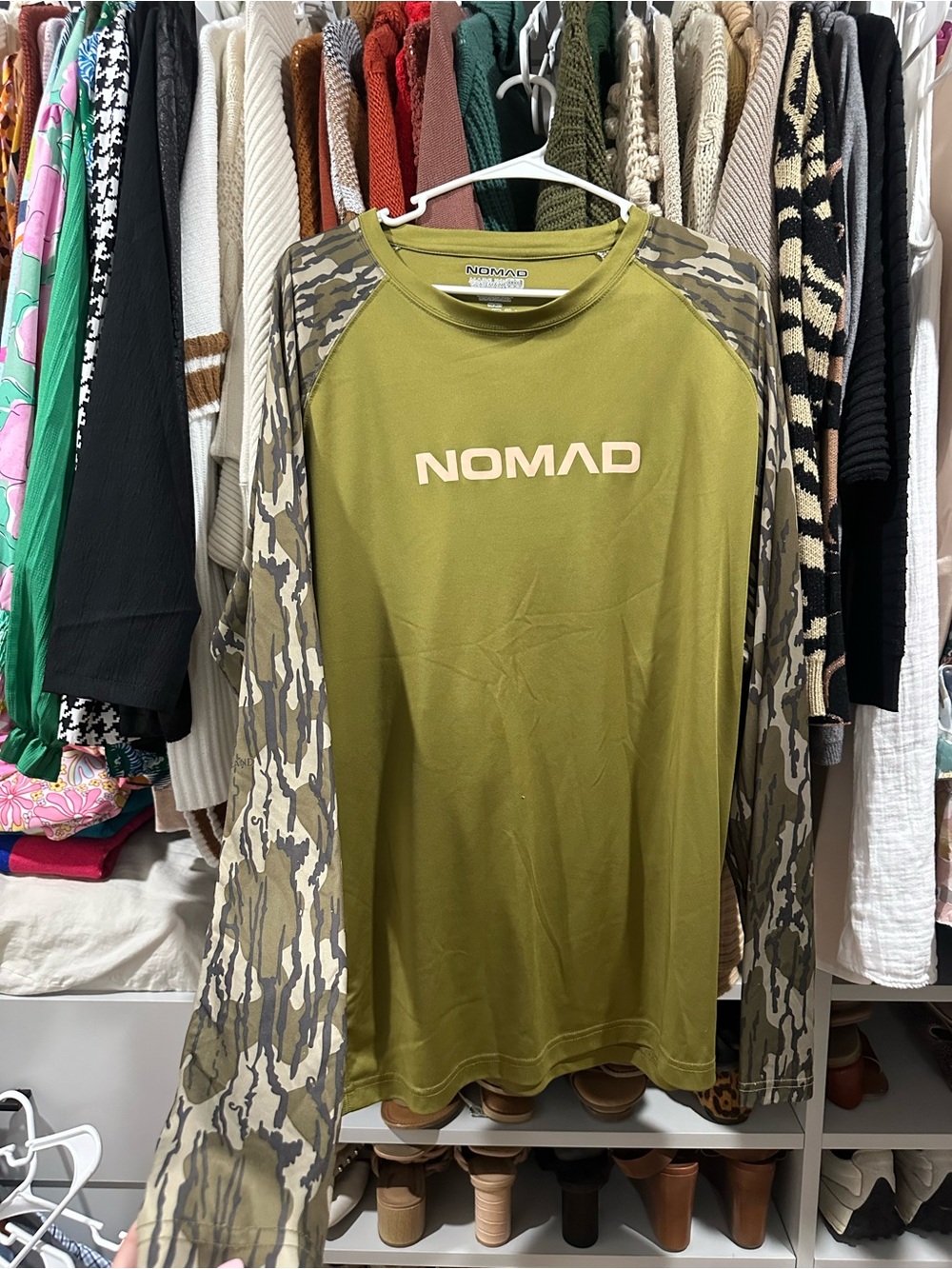 Nomad Olive Green Performance Tee with mossy oak original bottomland sleeves